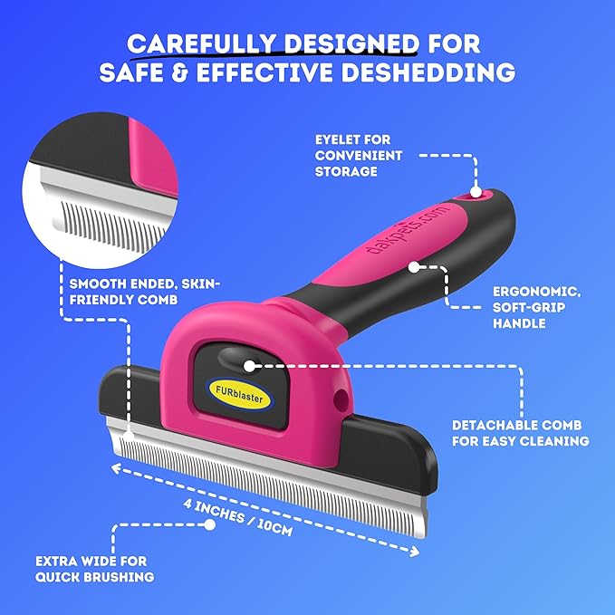 DakPets Stainless Steel Pet Deshedding Tool - Grooming Brush for Cats and Dogs, Removes Trapped Hair, Reduces Shedding by Up to 95%, All Hair Types, Includes Protective Blade Cover, Pink, 4 inches
