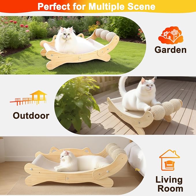 Cat Scratcher Bed for Indoor Cats | 3-in-1 Scratching Post & Hammock Lounge with Wooden Perch, No-Tip Stable Base for Small/Medium/Large Cats ，Durable Scratch Pad & Cat Furniture (Easy Assembly)