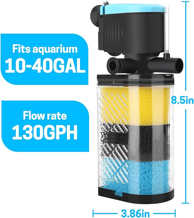 AquaMiracle Aquarium Filter 3-Stage in-Tank Filter Internal Fish Tank Filter Turtle Filter for 10-40 Gallon Fish Tanks with Dual Water Outlet & Aeration