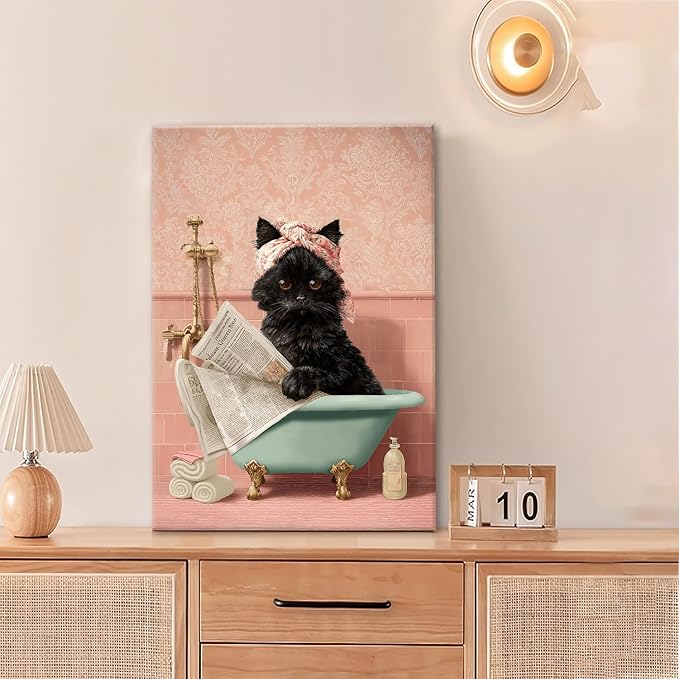 Cat Bathroom Wall Decor Black Cat Reading Newspaper in Bathtub Canvas Wall Art Funny Bathroom Pictures Kitten Painting Print Pink Artwork Framed Decorations Gifts 16"x24"