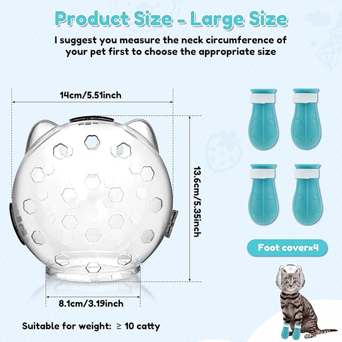 Cat Muzzle, Cat Mouth Cover for Grooming with 4 Silicone Paw Shoes, Cat Anti Bite Helmet, Silicone Claw Covers, Cat Breathable Hood for Cats Bathing Shaving Nail Trimming (Large)
