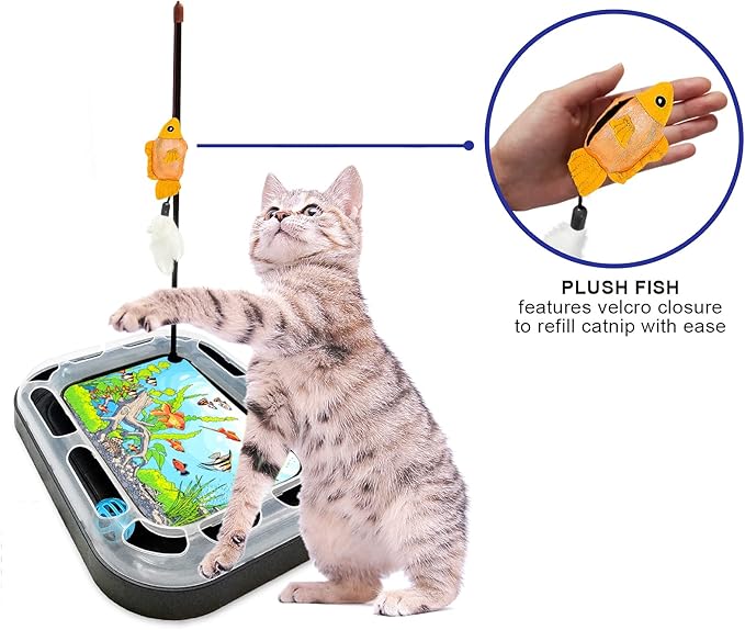 Cat Scratching Toy with Scratcher Board and Fish Aquarium Design, Fun and Exciting Catnip Cat Toy, Floppy Fish Toy with Feathers and Catnip Included