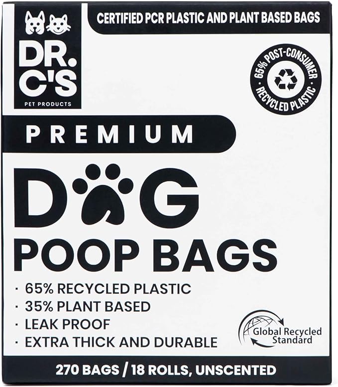 Certified 65% PCR (Post Consumer Recycled) Plastic and 35% Plant Based Dog Poop Bags - Dr. C's Premium Dog Poop Bags - 270 Bags / 18 Rolls, Extra thick, Leak Proof, Unscented, Earth Friendly