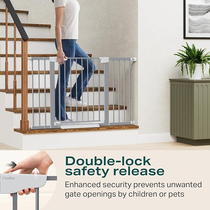 Cumbor 29.7"-51.5" Extra Wide Baby Gate for Stairs, Mom's Choice Awards Winner-Dog Gates for Doorways, Pressure Mounted Walk Through Pet Gate Indoor, Safety Auto-Close Child Gate for Kids, Gray
