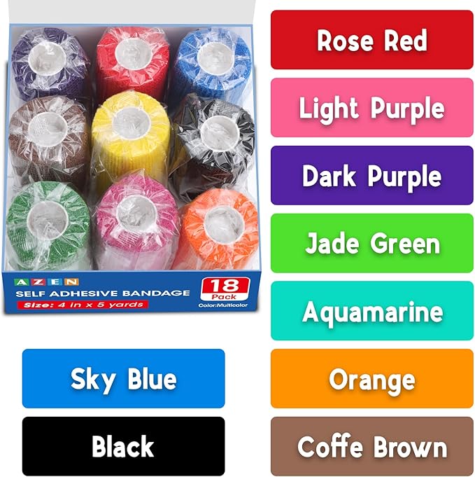 AZEN 18 Pack Self Adhesive Bandage Wrap, 4" X 5 Yards Elastic Cohesive Bandage Wrap, Color Athletic Tape, Tattoo Grip Tape Wra, Ankle Tape, Vet Wrap