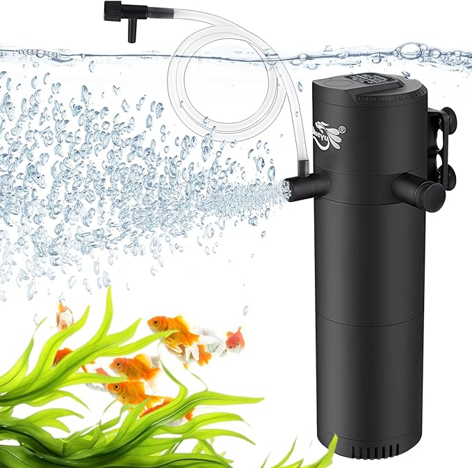 Aquarium Filter for 40-120 Gallon Tank, Fish Tank Filter with Wave-Maker Oxygenation Circulation, Adjustable Air Flow Filter for Freshwater & Saltwater, 4 in 1 Submersible Filter (12W)