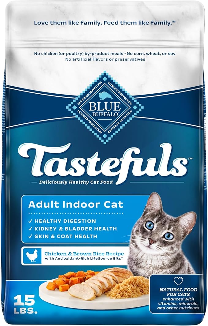 Blue Buffalo Tastefuls Natural Dry Food for Adult Indoor Cats, Chicken & Brown Rice Recipe, 15-lb. Bag