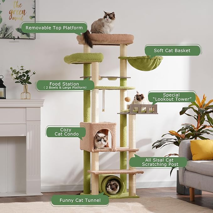 Cat Tree with Tunnel, Cat Tower for Indoor Cats, Tall Cactus Cat Tree Tower with Cat Condo, Food Station, Large Platform, Scratching Posts, Hammock, Green and Yellow GCT021GY