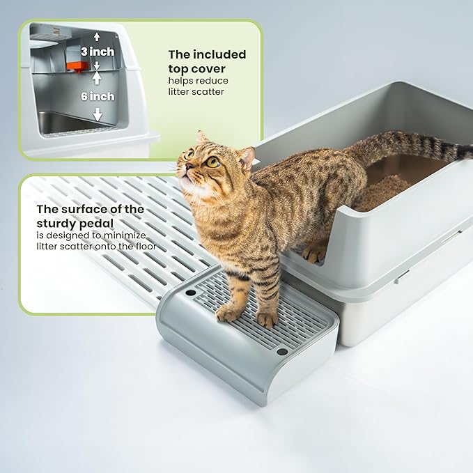 Cattasaurus Stainless Steel XL Cat Litter Box with Lid for Large Cats Up to 40lbs, Removable Kitty Litter Box Enclosure, Top Entry Litter Box, Durable Scoop & Pedal (Stainless Steel - Only Base)