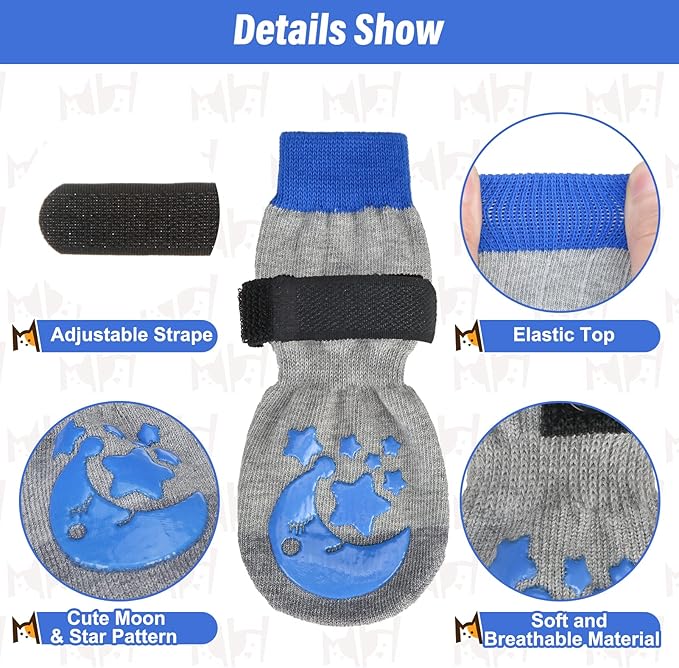BEAUTYZOO Anti-Slip Dog Socks with Grips Traction Control for Small Medium Large Dogs, Non Skid Indoor Double Side Pet Paw Protector for Hardwood Floor Wear (Moon and Star, Small)
