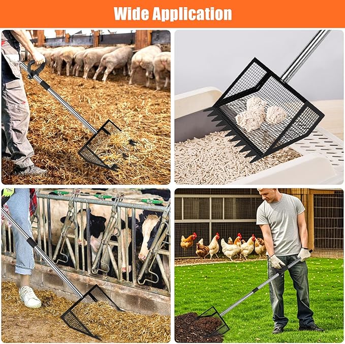 Chicken Poop Scooper and Rake with Ergonomic Handle, 2 in 1 Large Metal Chicken Coop Scoop for Poop with Adjustable Stainless Steel Pole, Sand Sifting Shovel for Chicken Coop Accessories
