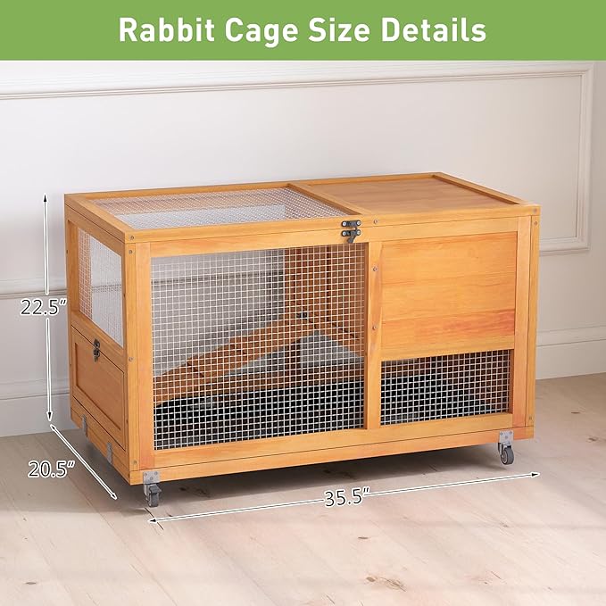 COZIWOW Fashionable Wood 36Inches Rabbit Hutch Indoor with Wheels Bunny Cage Outdoor Fashion Rabbit Cage with Clean Tray, Openable Roof, Anti-Slip Ramp for Small Bunny Rabbit (Orange)