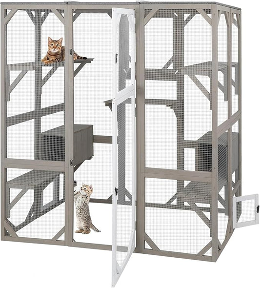 Catio Outdoor Cat Enclosure Cat House, Large Wooden Walk-in Cat Cage Condo Indoor Playpen with Multi Platforms, Flat Roof, and 2 Resting Box (Grey, 70.9" L x 36.5" W x 70.9" H)