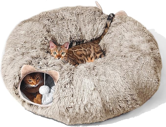Cat Tunnel with Cat Bed for Indoor Cats, Soft Plush Peekaboo Cat Cave Donut Tunnel, Multifunctional Playground Toys Hideplace for Small Medium Large Kittens, Rabbit, Ferret, Brown