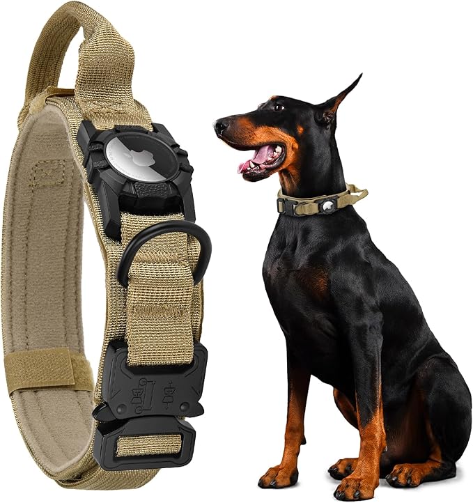 Tactical AirTag Dog Collar - Heavy Duty, Adjustable GPS Collar Compatible with Apple AirTag, with Holder & Control Handle for Medium/Large Dogs [ Brown, XL ]