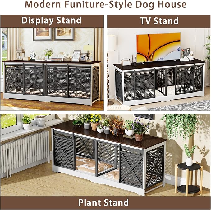 COZPAW 78 Inch Double Dog Crate Furniture, Extra Large Dog Kennel Indoor for Medium Large 2 Dogs, Heavy Duty Dog Cage Chew-Resistant Steel and Wooden Pet House with Removable Divider (White Brown)