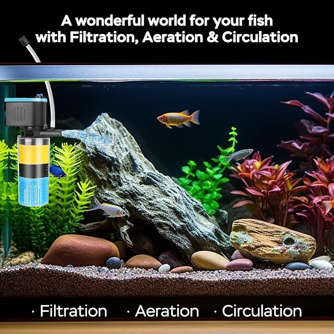 Aquarium Filter 3-Stage in-Tank Filter, Small Internal Fish Tank Filter, Submersible Pumps Filter for 5-20 Gallon Tanks, Turtle Tank Filter, with Dual Water Outlet & Aeration