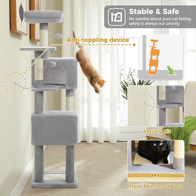 Cat Tree for Indoor Cats, 62-Inch Multi-Level Cat Tower with Scratching Posts for Large Cats, 2 Bigger Plush Condos, Padded Platform, Soft Cat Bed and Scratching Pad, 2 Pompoms, Gray