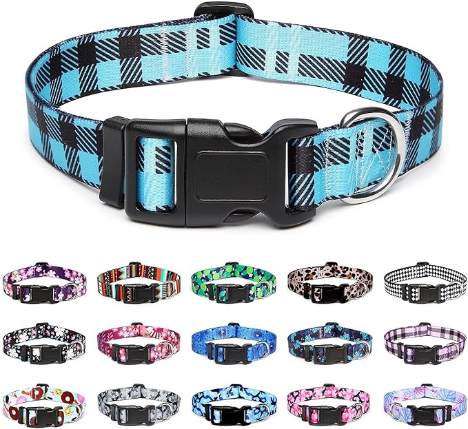 Mercano Adjustable Dog Collar - Special Design Patterns, Soft Nylon Comfortable Durable Pet Collar for Small Medium Large Dogs (S, Blue Plaid)