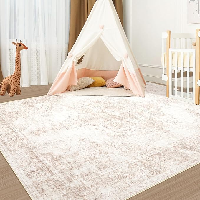 Vintage Living Room Area Rug - 6x9 Large Machine Washable Boho Moroccan Rug Distressed Farmhouse Rugs for Bedroom - Soft Non-Slip Indoor Carpet for Dining Room Office Nursery(Retro Beige, 6'x9')