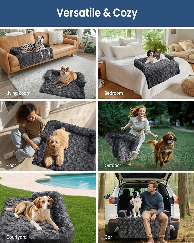 Calming Medium Dog Bed for Couch, 35 x 31 inch Removable Couch Cover for Dogs Washable, Non-Slip Fluffy Plush Dog Sofa Mat for Furniture Protector - Dark Grey