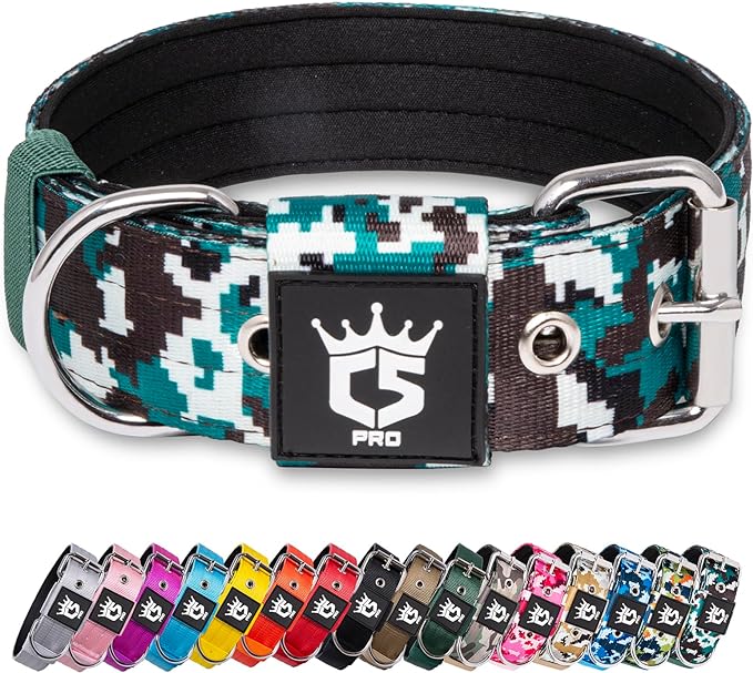 TSPRO Tactical Dog Collar 1.5 Inch Wide Thick Dog Collars with Heavy Duty Metal Buckle, Durable, Strong, Adjustable for Medium to Large Dogs (Camo Cyan M)