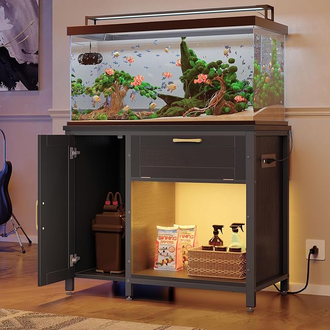 Bestier 40-50 Gallon Fish Tank Stand with Power Outlet&LED Light, 37x18 Heavy-Duty Metal Aquarium Stand with Cabinet&Drawer for Accessories Storage, Suit for Reptile/Turtle Terrarium,660Lbs Capacity