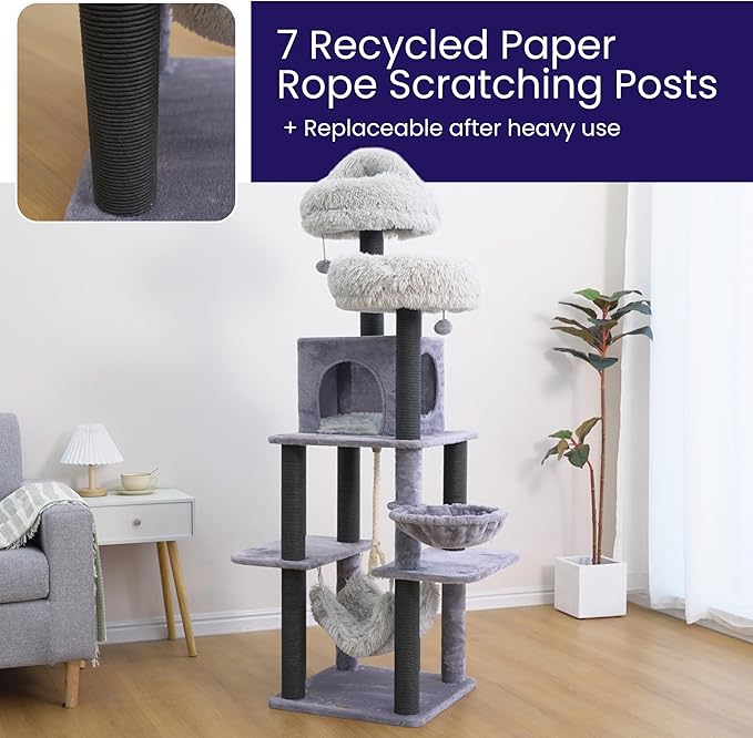 Catry Bradbury 7-Level 62.5” Modern Cat Tree with Replaceable Scratching Posts,Big Condo,Two Washable Beds, Two Hammocks,Quick Assembly, for Multi-Cat Homes(Cloud Gray)