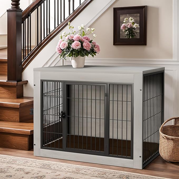 Bigrab Dog Crate Furinture with Thick Cushion, Side End Table Wooden Dog Cage with Double Doors, Chew-Resistant Dog Kennel Dog House Indoor for Small to Large Dog, M (Grey)