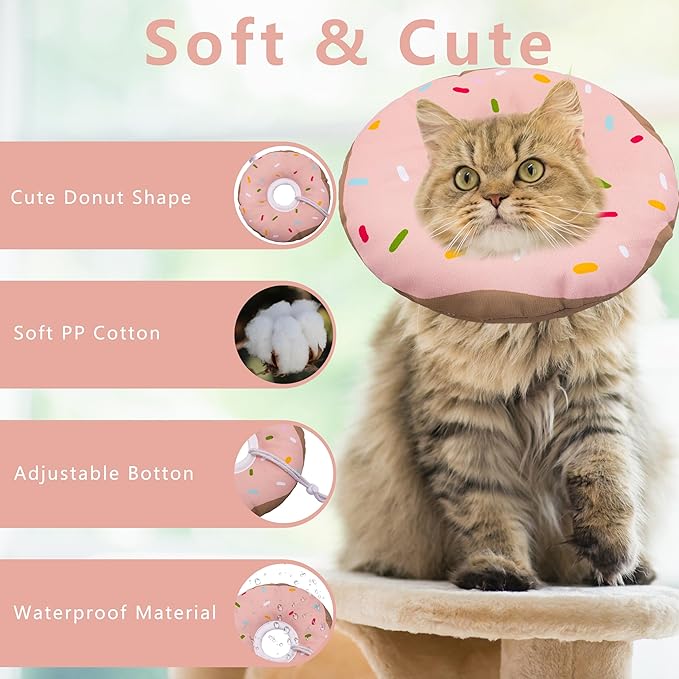 Cat Cone Collar Soft, Adjustable Cat Recovery Collar Kitten Cones to Stop Licking, Cute Donut E Collar After Surgery, Cats Neck Pillow Cone Elizabethan Cones of Shame (Waterproof Pink, Small)