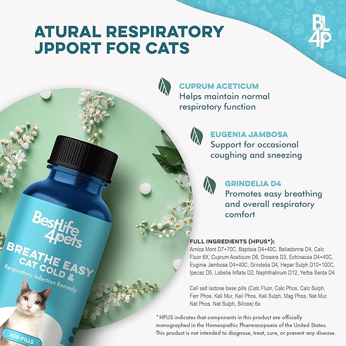 Cat Respiratory Comfort Supplement - Natural Breathe Easy Feline Support for All Seasons, Coughing, Occasional Nasal Stuffiness and Sneezing - 800 Odorless, Easy-to-Administer Tasteless Pills