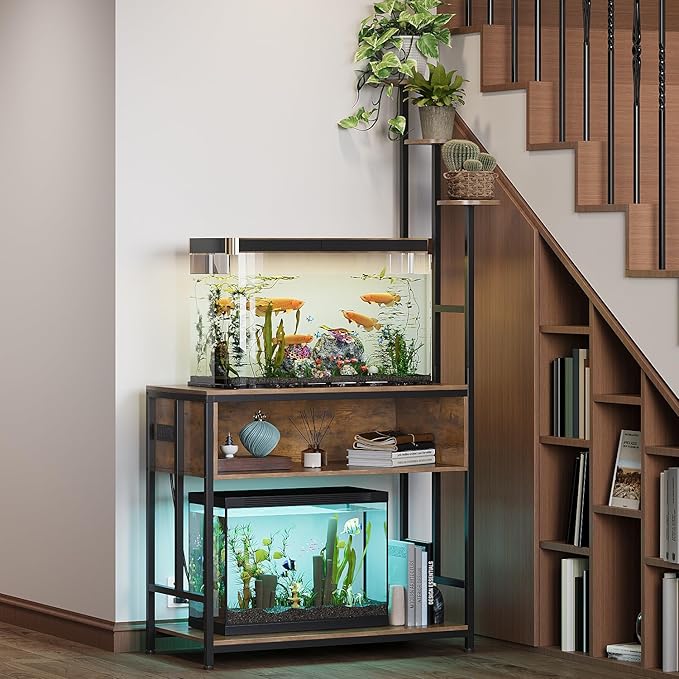Aquarium Stand with Plant Shelves,20-Gallon Fish Tank Stand with 2-Tier Storage and Display Racks,Metal Frame Reptile Tank Table with Tall Plant Holders,Industrial Rack for Home,Office
