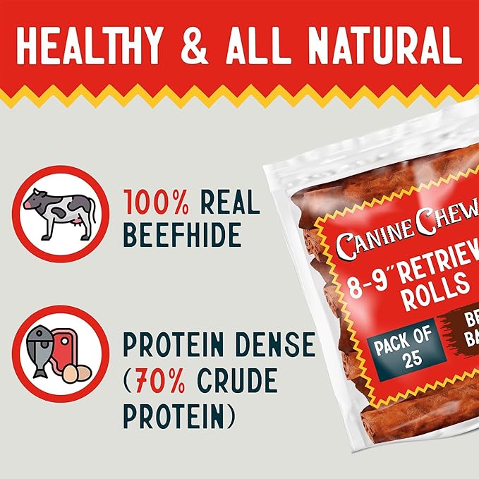 Canine Chews 8-9" Beef Basted Thick Rawhide Retriever Rolls - Pack of 25 Beef-Flavored Long-Lasting Dog Rawhide Chews - Protein-Dense Jumbo Rawhide Bones For Large Dogs - Treats for Aggressive Chewers