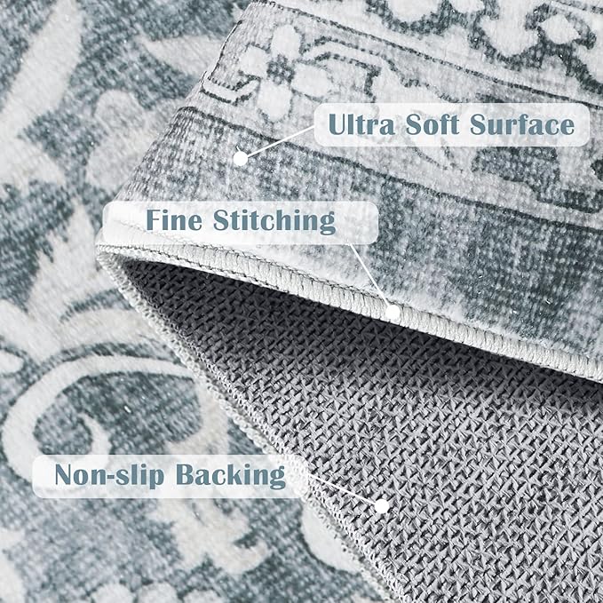 jinchan Floral Area Rugs 4x6 - Machine Washable Vintage Distressed Boho Design Throw Rug Stain Resistant Carpet Low Pile Ultra-Thin Non-Slip for Bedroom Living Room Dining Room Kitchen (4‘x6', Grey)