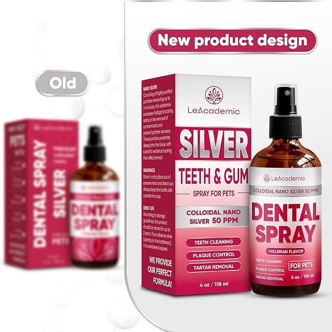 Dental Spray for Pets – Cat & Dog Breath Freshener That Helps with Tartar, Plaque, & Bad Odor – Silver 50 PPM + Valerian Flavour for Dog Teeth Cleaning – 4 Oz