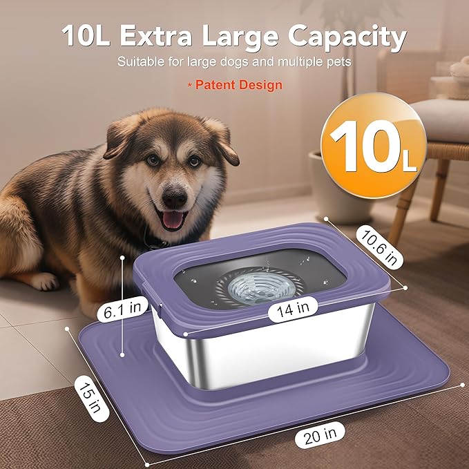 Decflow 10L Stainless Steel Dog Water Bowl, No Spill Anti-Splash Dog Bowls with XXL Silicone Mat, Spill-Proof Slow Feeder for Messy Drinkers, Heavy Duty Pet Bowls for Indoor/Outdoor Use Purple