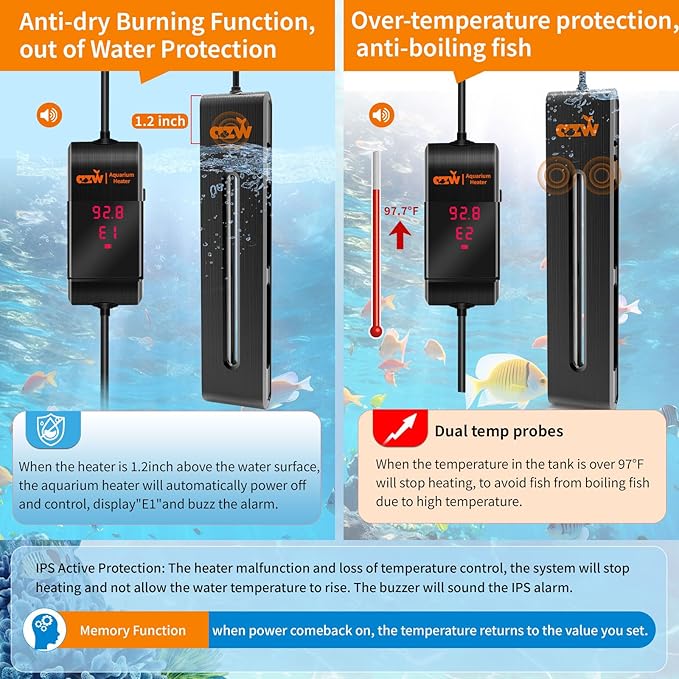 azw Aquarium Heater, 100W Fish Tank Heater for 25-45 Gallon with Digital LED Controller, Frequency Conversion Energy Saving, IPS Anti-Boiling Fish, 7 Intelligent Protections for Freshwater/Saltwater