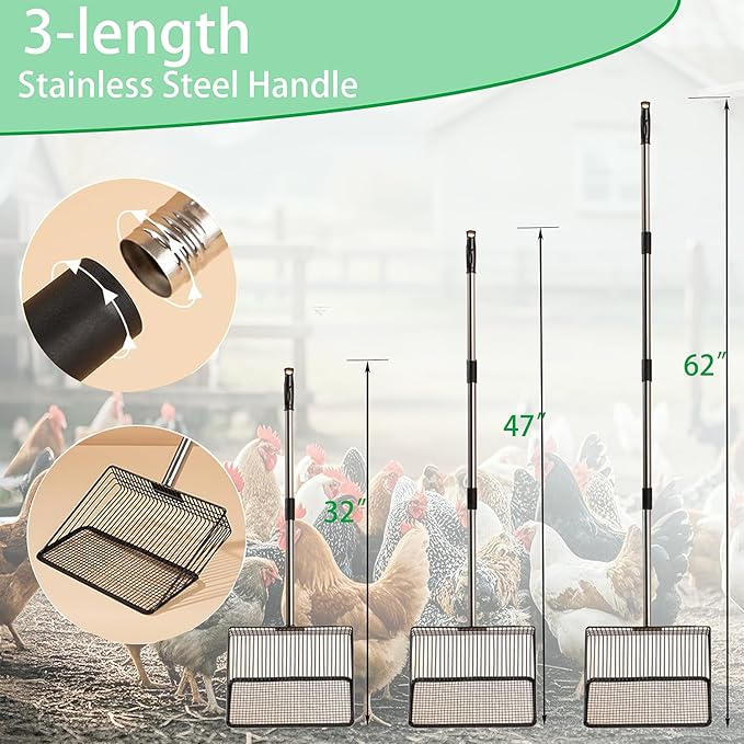 Chicken Poop Scooper - 54-Inch Long Handle Chicken Coop Cleaner, 10-Inch Wide Metal Waste Scooper for Poultry, Rabbit Hutch & Pet Cages