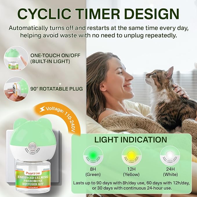 Cat Calming Diffuser with Three Timing Functions, 6-in-1 Cat Pheromones Calming Diffuser Kit, 120-Day Anxiety Relief, Stress Reduction & Relaxation for All Cats (2 Diffusers + 4 Refills)