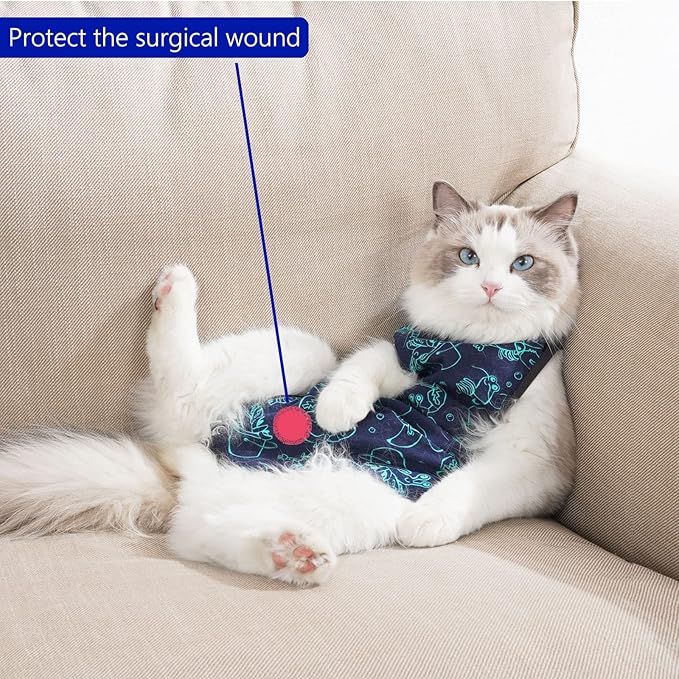 Cat Surgery Recovery Suit Cat Onesie for Cats After Surgery for Surgical Abdominal Wound Or Skin Diseases E-Collar Alternative Wear Neutering Bodysuit Wear (Dark-Blue-S)