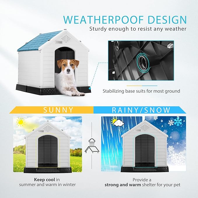 DEStar Durable Waterproof Plastic Pet Dog House Indoor Outdoor Puppy Shelter Kennel with Air Vents and Elevated Floor (Medium - 28" Height)