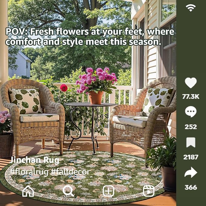 jinchan Elora 6ft Floral Round Rug for Dining Room Washable Living Room Rug Vintage Romance Design Non Slip Indoor Floor Cover Lightweight Low-Profile Throw Carpet for Bedroom Porch Patio, Green