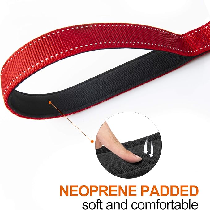 TwoEar 6FT 1IN Strong Red Dog Leash with 2 Padded Handles, Traffic Handle Extra Control, Comfortable Soft Dual Handle, Auto Lock Hook, Reflective Walking Lead for Small Medium and Large Dogs