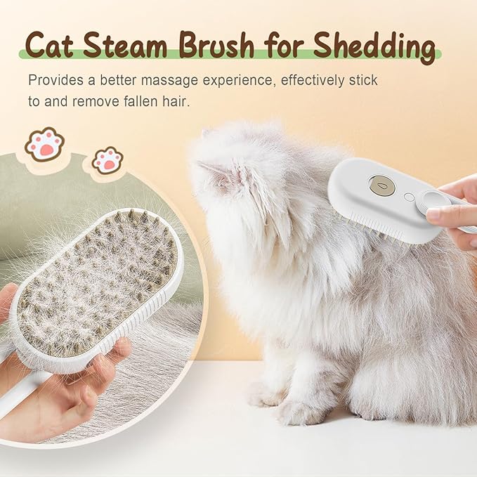 Cat Steam Brush for Shedding, 2025 New 3 in 1 Cat Brushes for Indoor Cats, Pet Steam Groomer Comb, Hair Water Brush Hair Removal Comb for Cats Dogs (White)