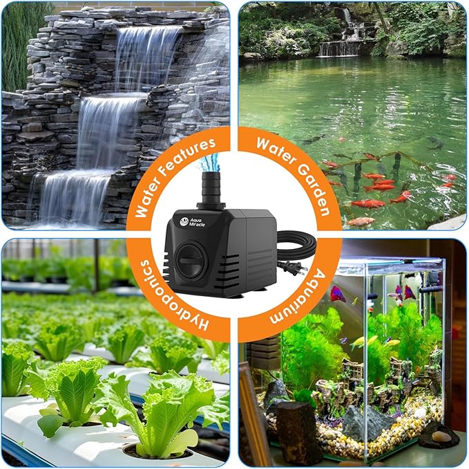 AquaMiracle Submersible Water Pump Aquarium Water Pump with Flow Control, Pond Pump Fountain Pump for Pond, Fountain, Waterfall, Statuary, Water feature, Hydroponics (400GPH, 25W)