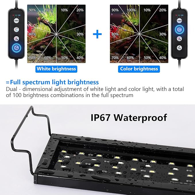 AQQA Full Spectrum Aquarium Light,Fish Tank Lights for Plant Growth Fish Viewing,3 Mode White Blue Red Green LED Beads,Timer,Adjustable Brightness,Extendable Brackets for Freshwater 18W for 18-24inch