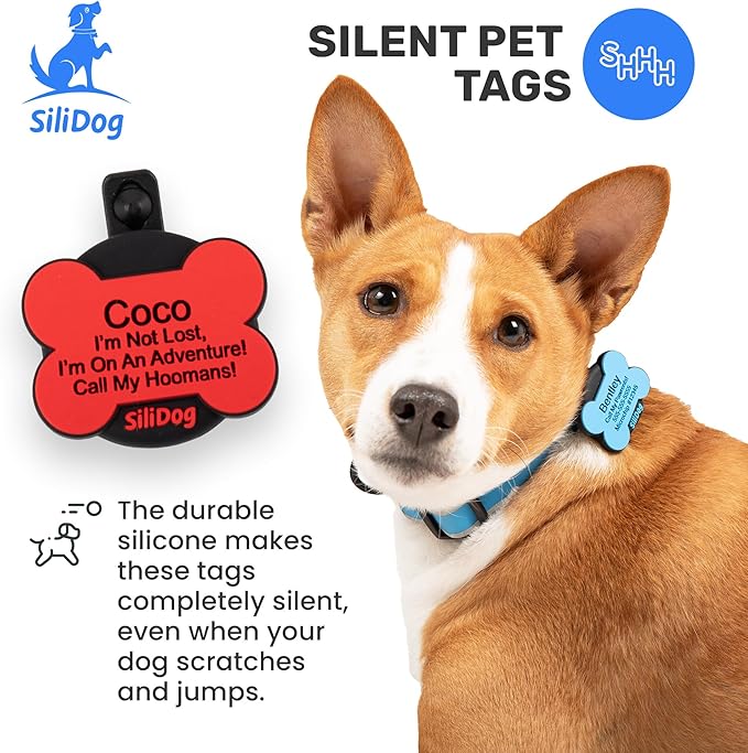 SiliDog AirTag Holder Silent Dog ID Tag – Personalized Engraved Silicone Pet Tag – Durable, Glow-in-The-Dark – Blue Bone
