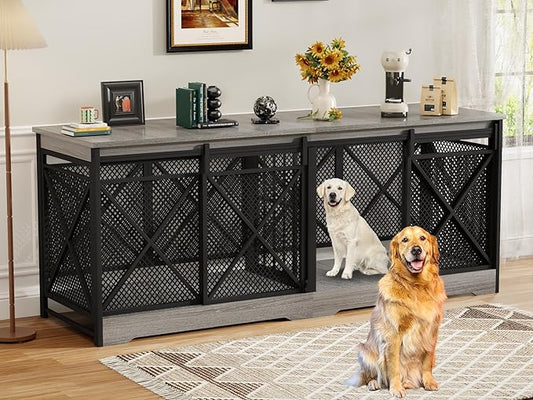 COZPAW 78 Inch Double Dog Crate Furniture, Extra Large Dog Kennel Indoor for Medium Large 2 Dogs, Heavy Duty Dog Cage Chew-Resistant Steel and Wooden Pet House with Removable Divider (Grey)