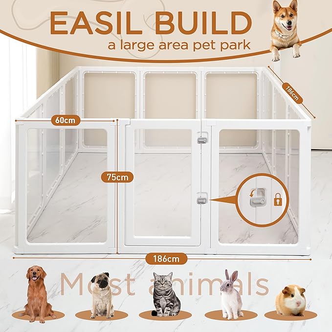 Citylife Clear Acrylic Plastic Dog Playpen Indoor,for Puppy Cat Rabbit Ferret Transparent Pet Pen,Easy Assemble Whelping Crate Kennel Cage Enclosure for Small & Medium Dogs 12 Panels