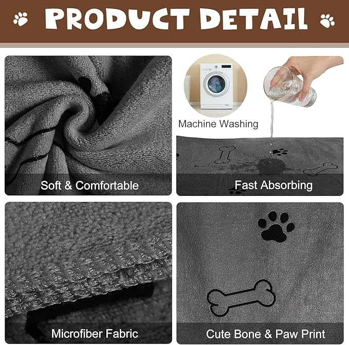 Chumia 4 Pcs Dog Towels for Drying Dog Puppy Bulk Microfiber Absorbent Paw Towel Pet Bathing Supplies Quick Drying for Medium Cats Pets Shower(24 x 40 Inch,Gray)